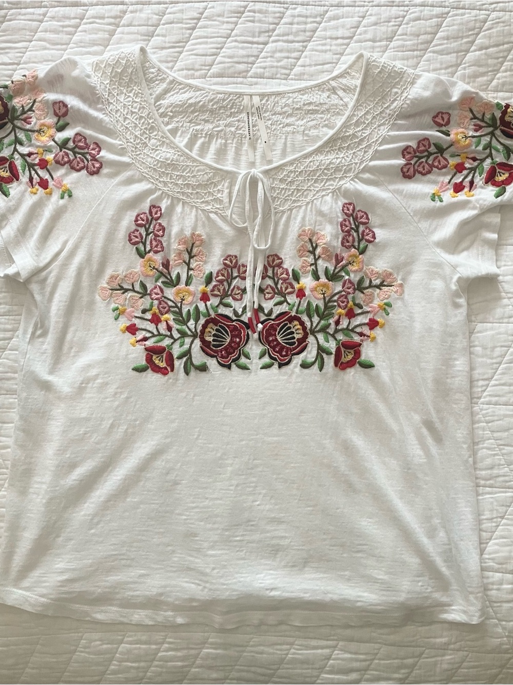Anthropologie Off-White Peasant Blouse with Pink & Red Floral Embroidery
